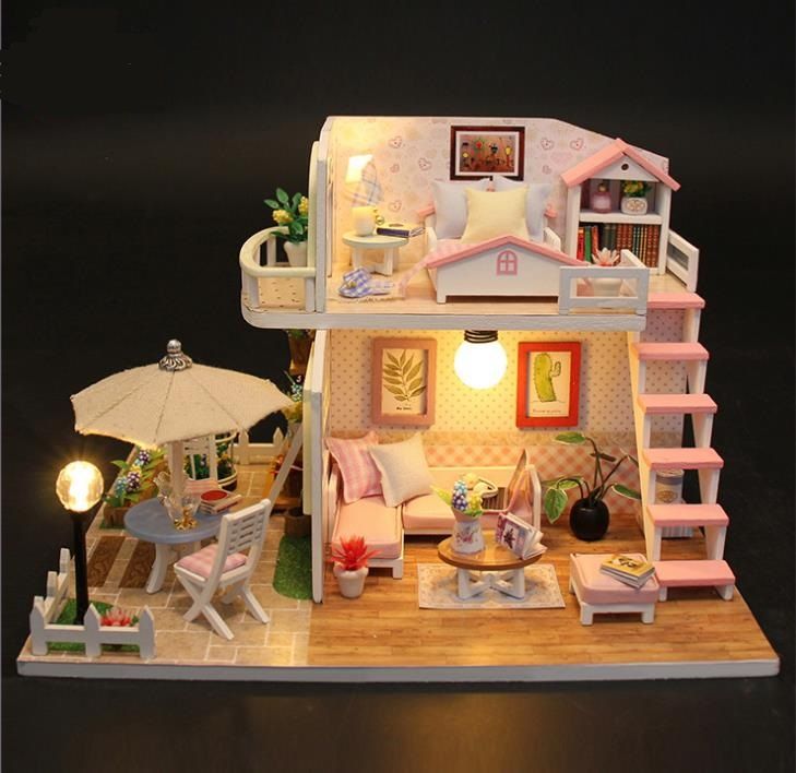 DIY Miniaturowy Domek dla Lalek Drewniany Model 3D do Złożenia Dom LED