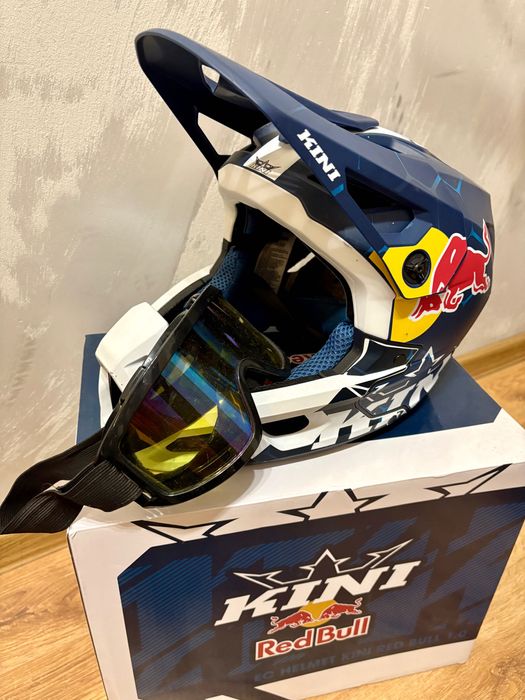 Szczękowy kask na rower MTB Kini Red Bull EC 1.0 niebiesko biały