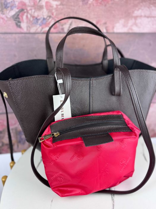 TOREBKA shopperka SKÓRA NATURALNA kolor czekoladowy + kosmetyczka