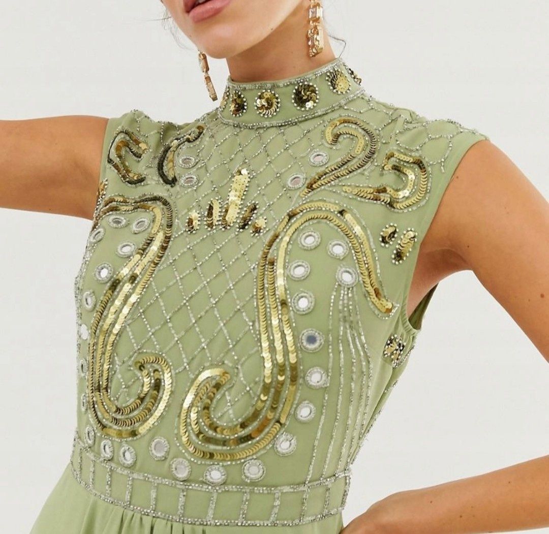 Nowa sukienka maxi zielona z kryształkami cekinami rozkloszowana 36
