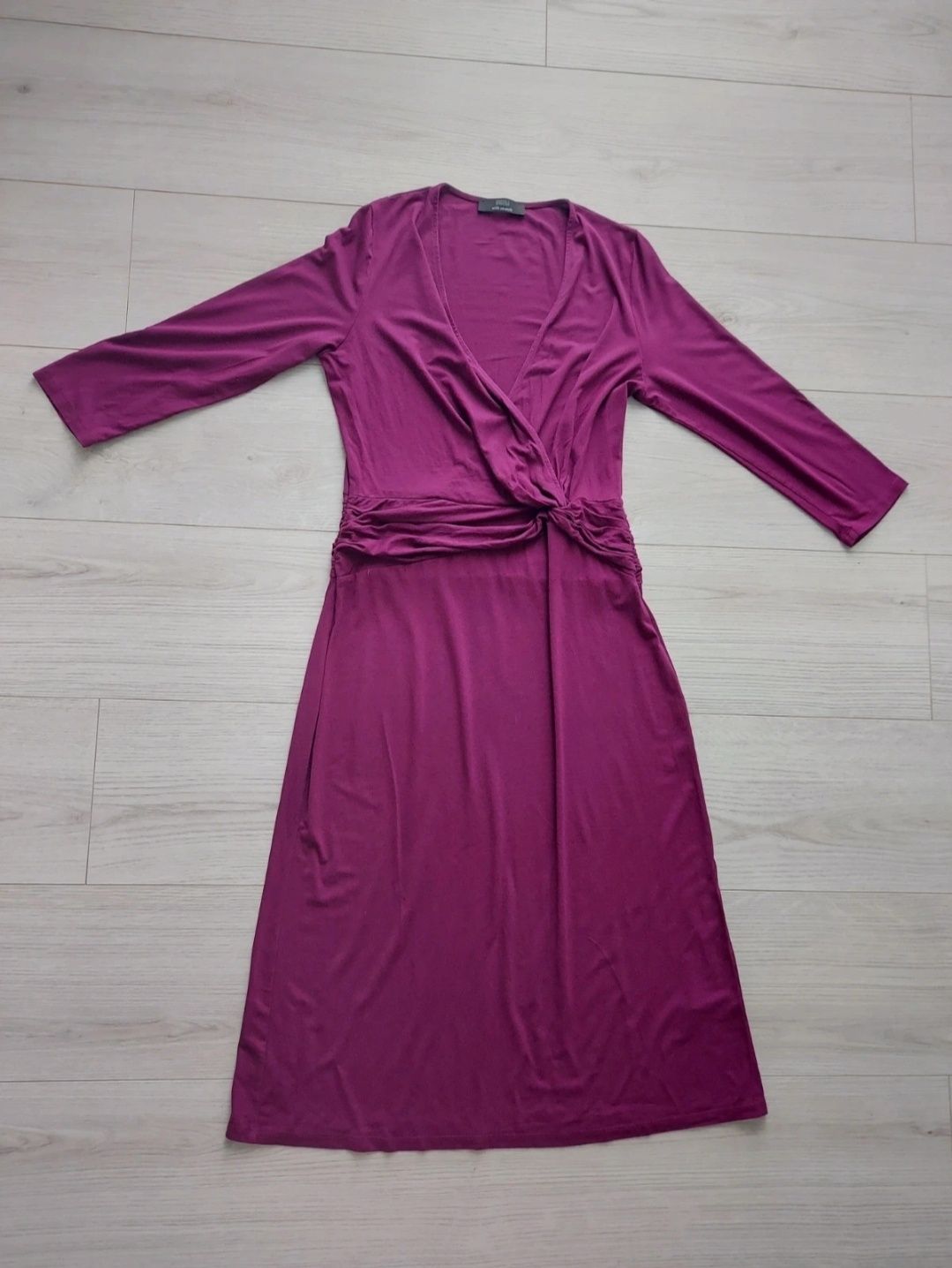 Fioletowa sukienka z marszczeniami dekolt V wiskoza Marks&Spencer S 36