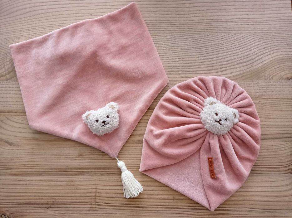 Turban i chusta dla dziewczynki, z misiem, welur