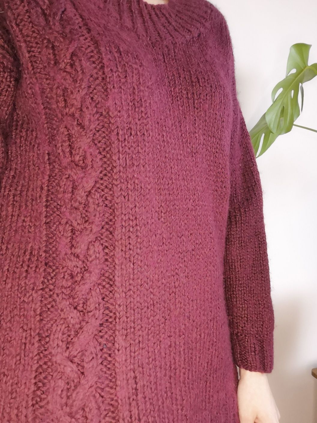 Gruby bordowy wełniany sweter oversize warkocze wełna moher handmade