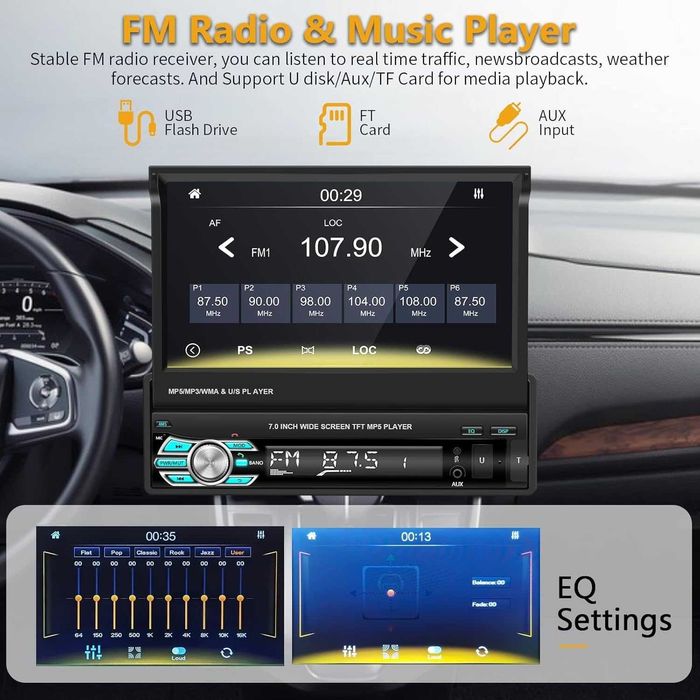 Radio samochodowe 1 Din Carplay  Bluetooth, 7-calowy wysuwany ekran