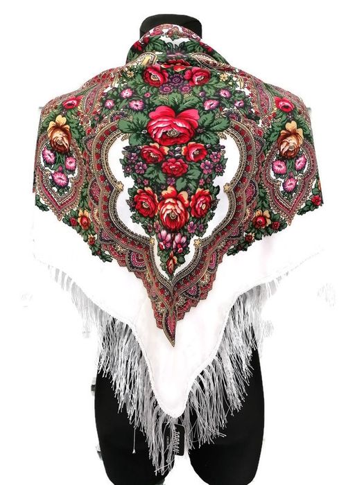 Chusta Góralska Ludowa Folk Damska Biała Z Różem