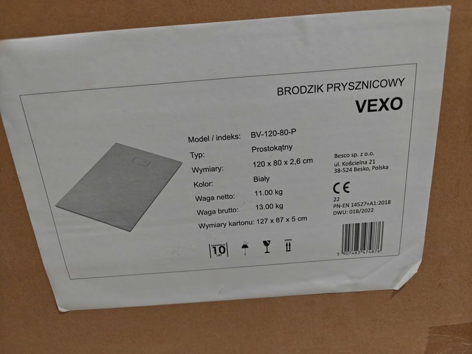 Brodzik prysznicowy Besco Vexo 120x80x2,6 cm, biały