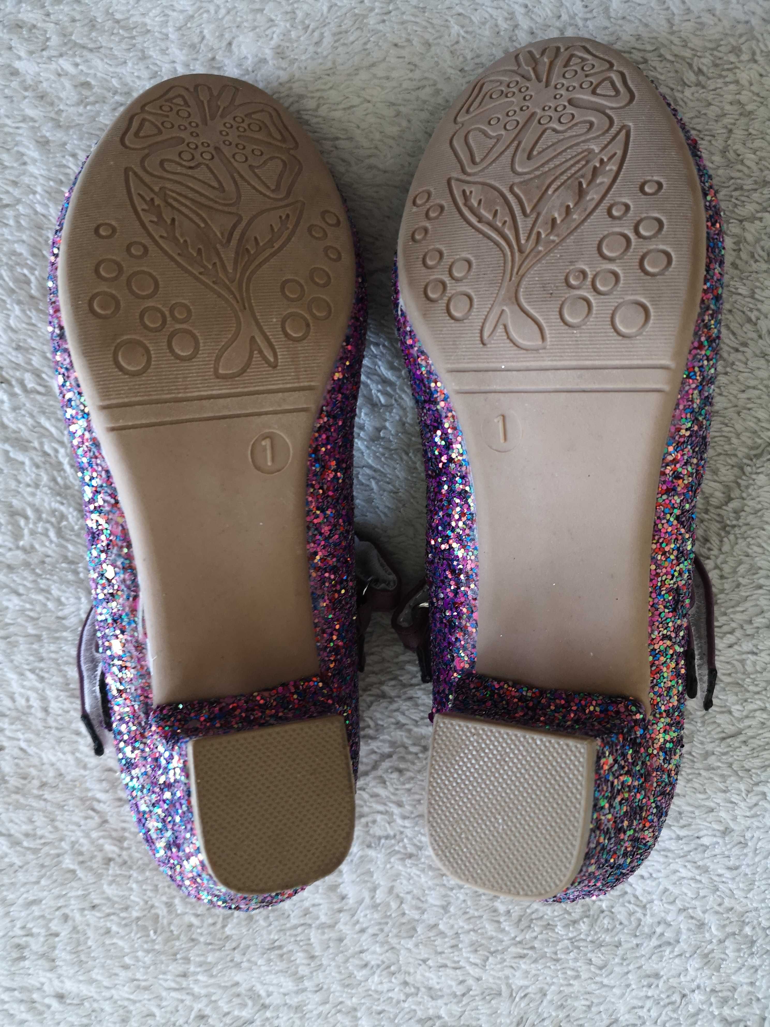 Fioletowe błyszczące brokatowe eleganckie buty Lilley Sparkle ok. 33