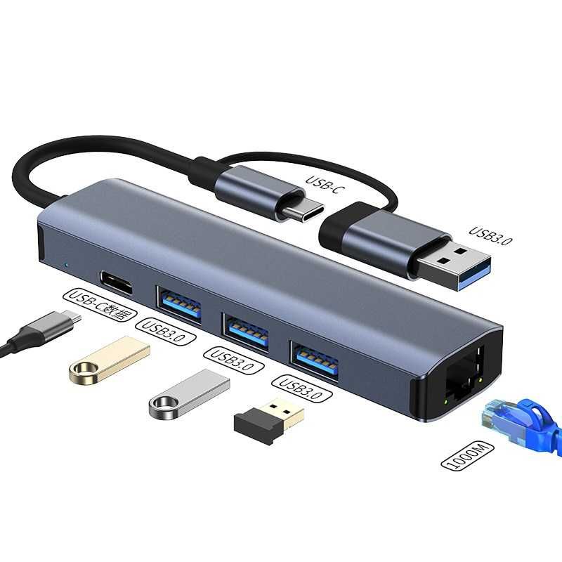 Rozgałęziacz adapter USB HUB przejściówka USB-6w1 3xUSB 3.0 LAN TYP-C