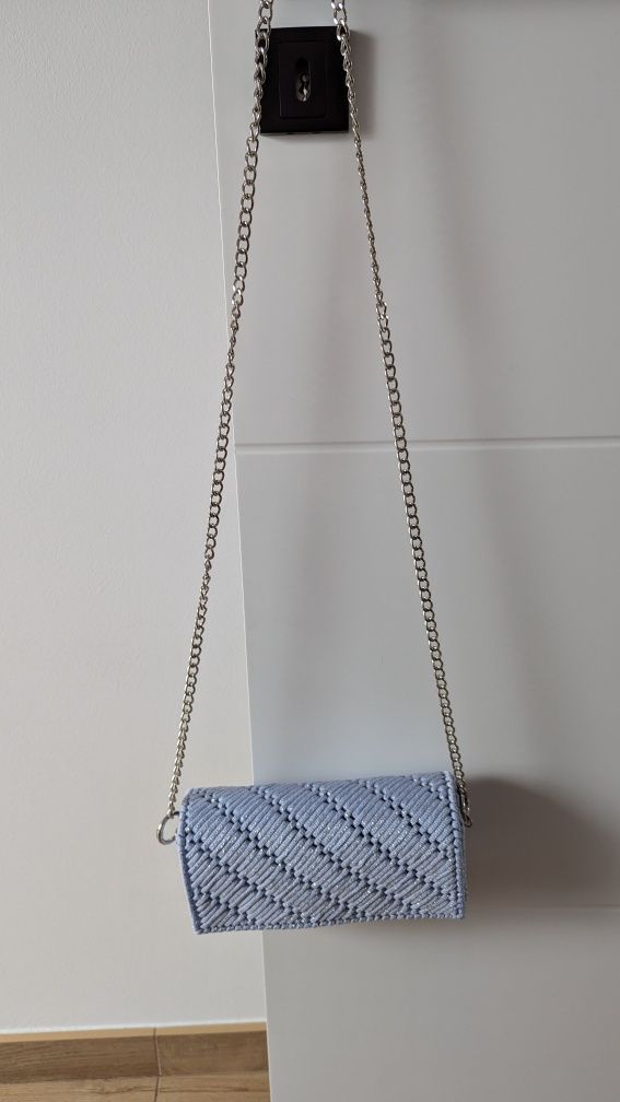 Błękitna z Srebrną nitką Torebka Kopertówka na Kanwie  Handmade