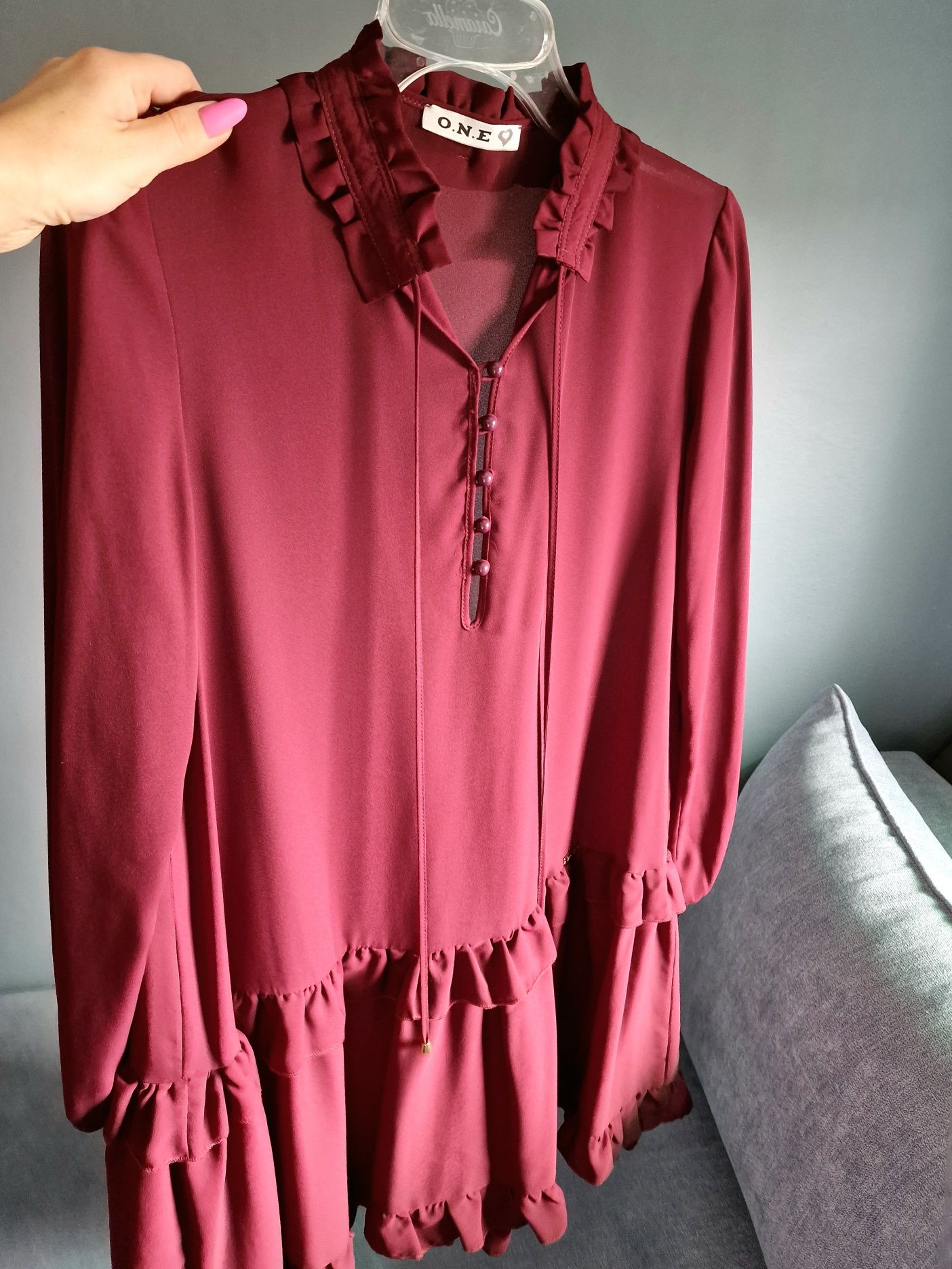 One fashion bordowa sukienka oversize bordo marsala