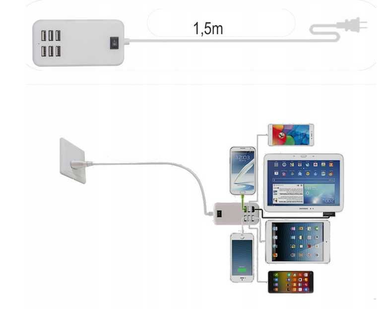 Ładowarka Sieciowa Uniwersalna 6 x USB 3A 30W Przewód 1,5m