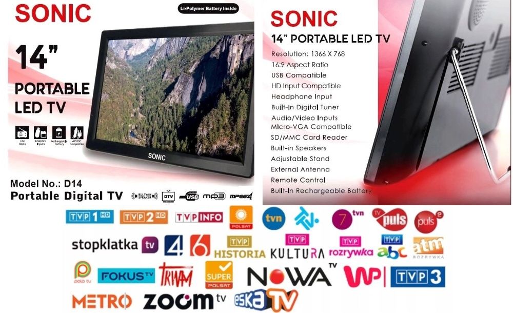 Telewizor Przenośny Samochodowy Tir 14" DVB-T2 d Dom Auta USB Radio FM