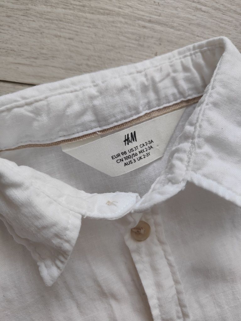 H&M 98 koszula biała lniana spodnie bawełniane granatowe joggery pull