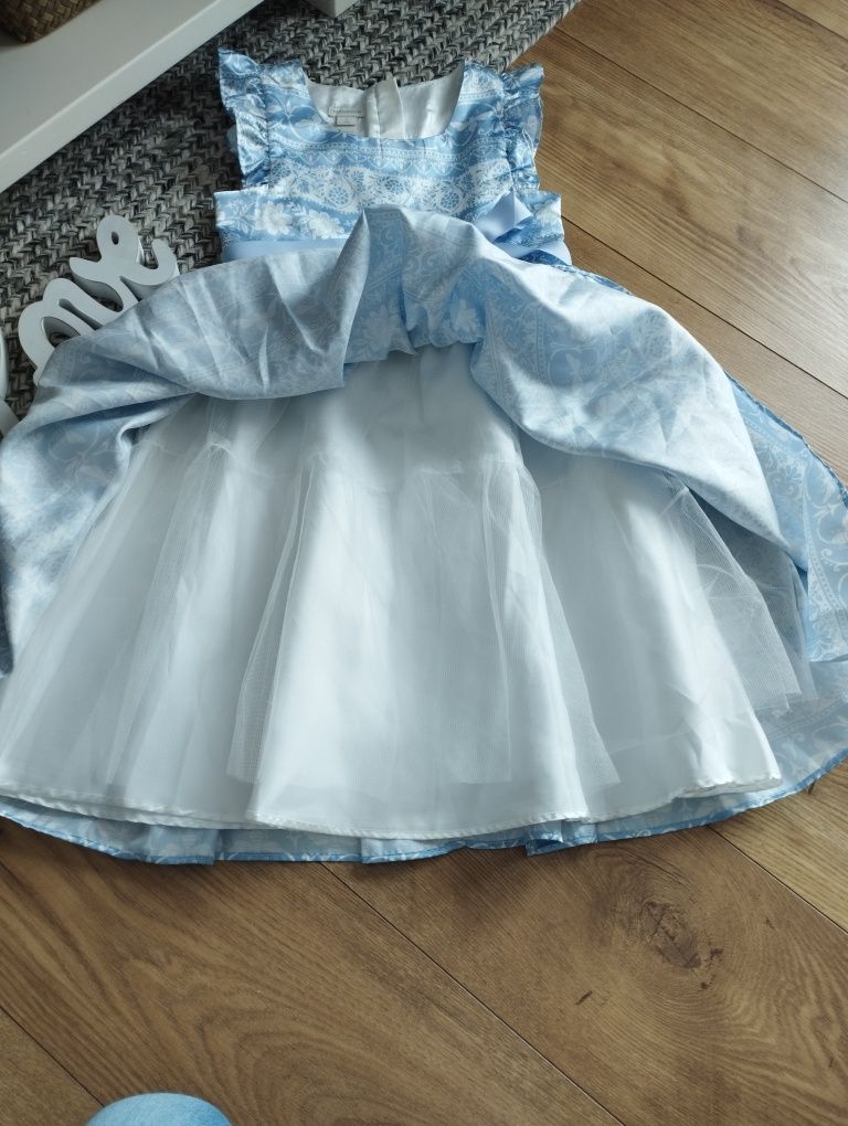 128cm Monsoon błękitna midi sukienka, sukieneczka księżniczka wizytowa