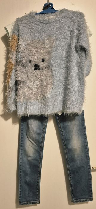 Zara 128 Błękitny zestaw jeans / sweterk / bluzeczka
