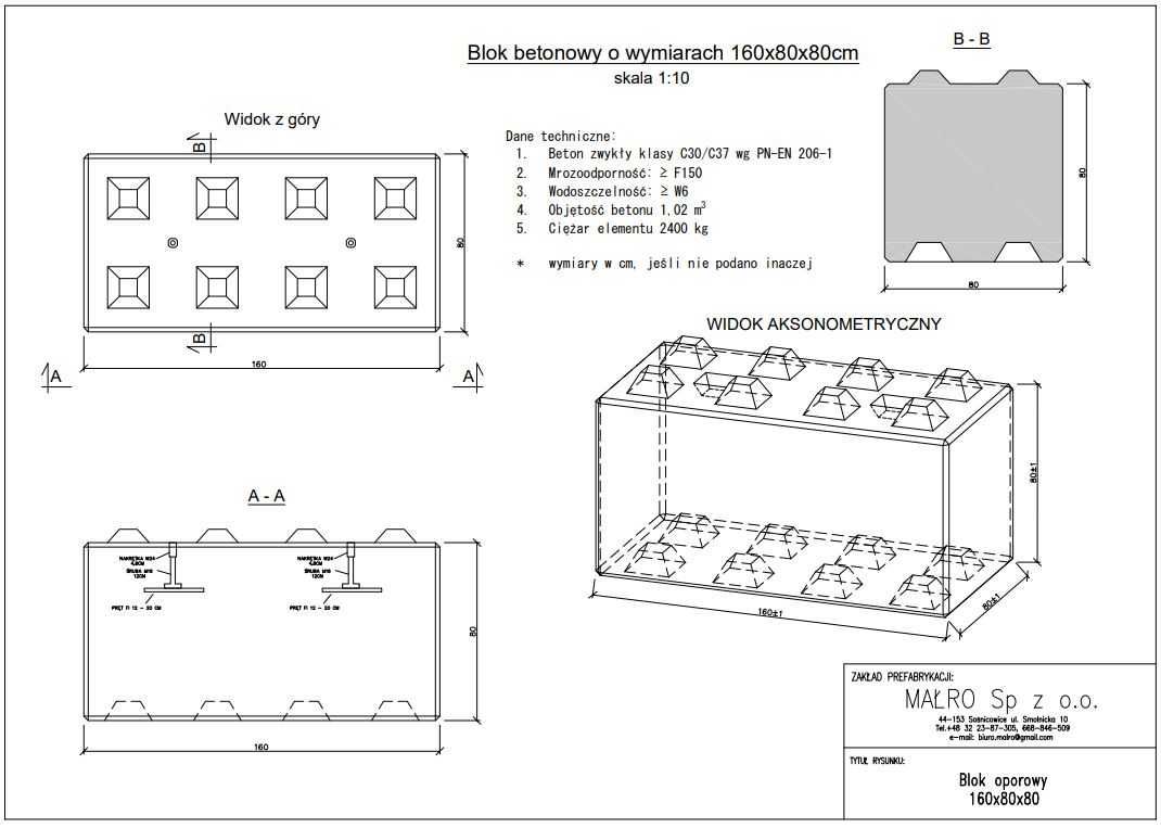 Bloki betonowe 160 x 80 x 80 cm mur oporowy hala wiata boksy zasieki