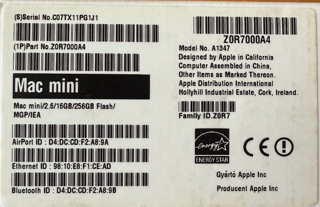 Apple Mac mini Late 2014 A1347 16 GB RAM 256 SSD