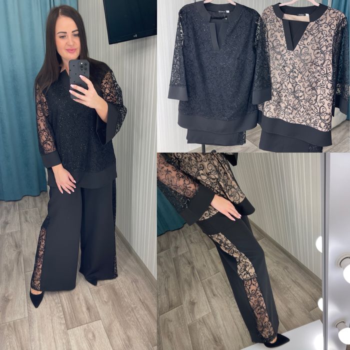 Женский костюм нарядный 50-64 батал черный Жіночі брюки+блуза батал