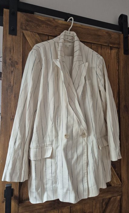 Zestaw komplet marynarka spodnie beżowe w laski lniane wiskoza H&M XL