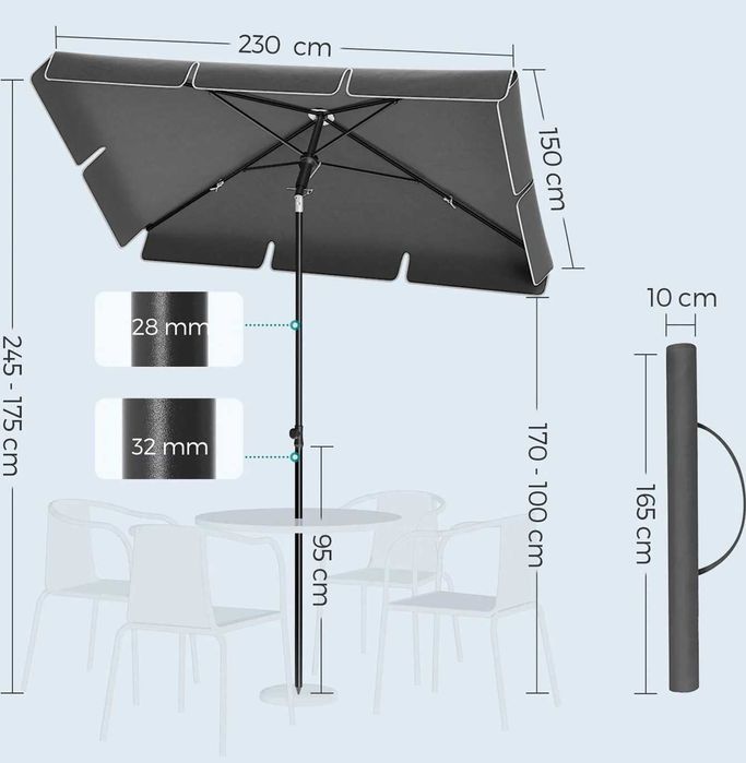 Parasol przeciwsłoneczny, szary, prostokątny 200x125x240 cm SONGMICS