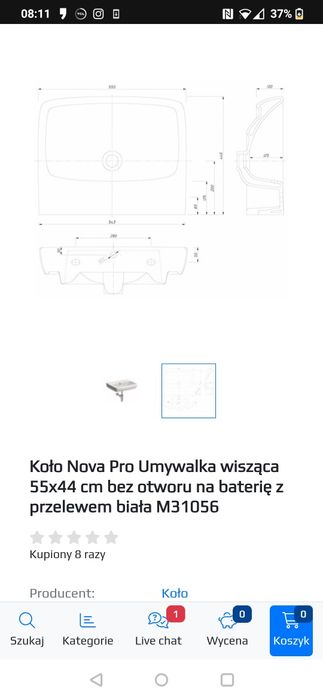 Umywalka nova pro 55 bez otworu na baterię