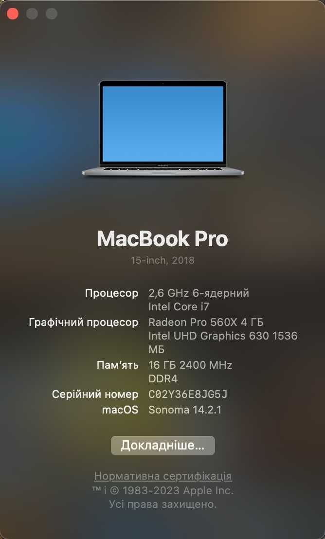 Macbook Pro 15 2018 6-Core i7 2,6, 16 512, AMD Pro 560X 4Gb цикли 415