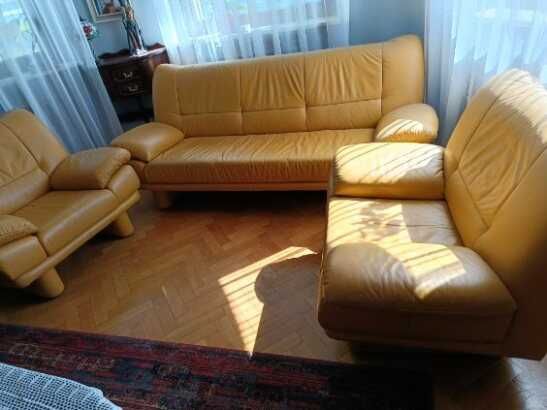 Zestaw wypoczynkowy, sofa + 2 fotele, skóra KLER, b.dobry stan