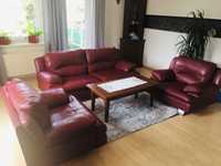 Wypoczynek skórzany/ komplet sofa 2 fotele plus stolik