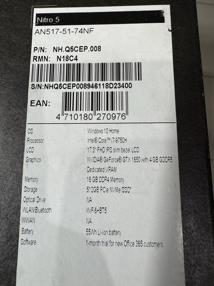 Laptop Acer Nitro 5 *17,3* *1650 GTX* *16 GB Ram*