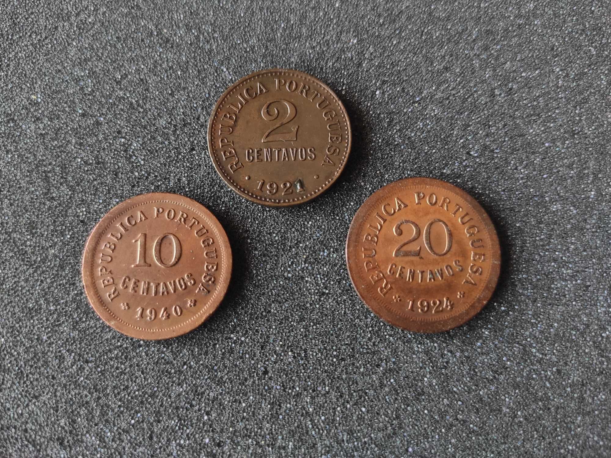 3 Moedas: 2 Centavos 1921 + 10 Centavos 1940 + 20 Centavos 1924