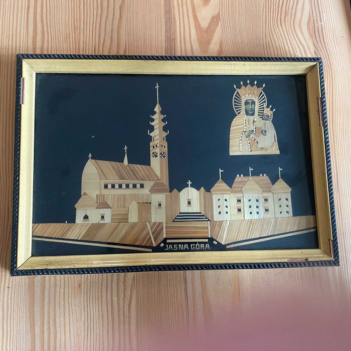 Obrazek intarsja Jasna Góra vintage retro klasztor słoma obraz