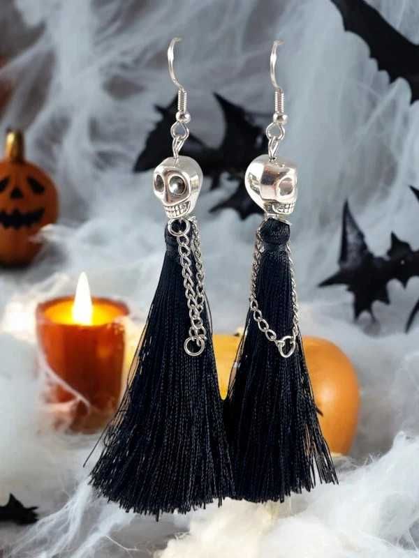 Kolczyki damskie na halloween długie wiszące czarne czaszki