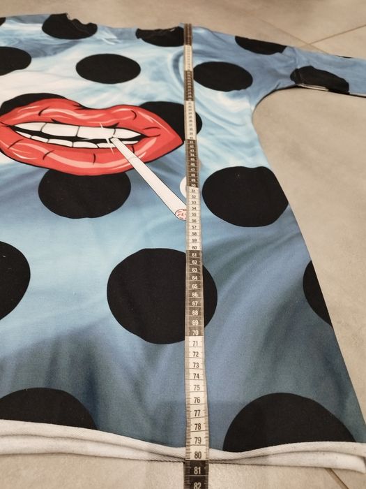 R.L XL wyprzedaż niebieska bluzka tunika usta z papierosem
