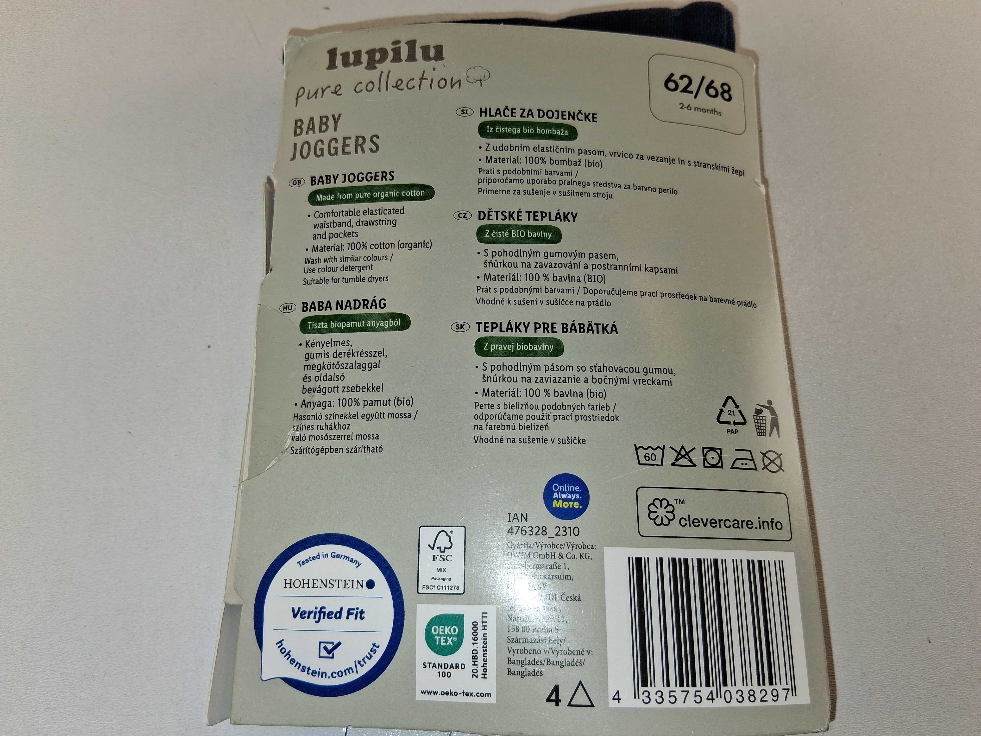 A201 Lupilu Baby Joggers Spodnie Niemowlęce Bawełna Organiczna 62/68