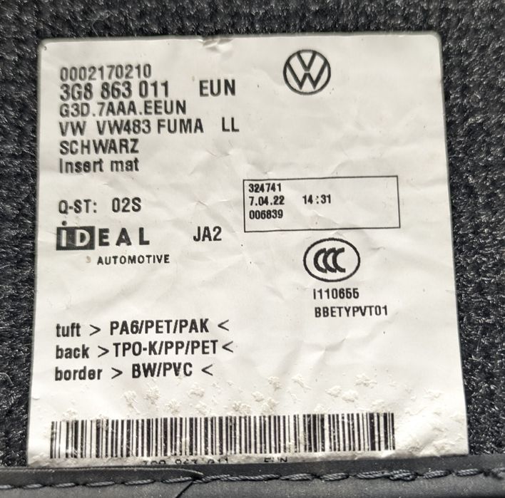 Dywaniki Volkswagen Passat B8 welurowe