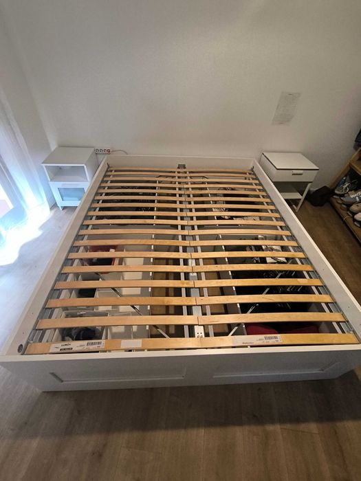Cama Queen size c/arrumação, branco, 160x200cm + estrado BRIMNES-IKEA