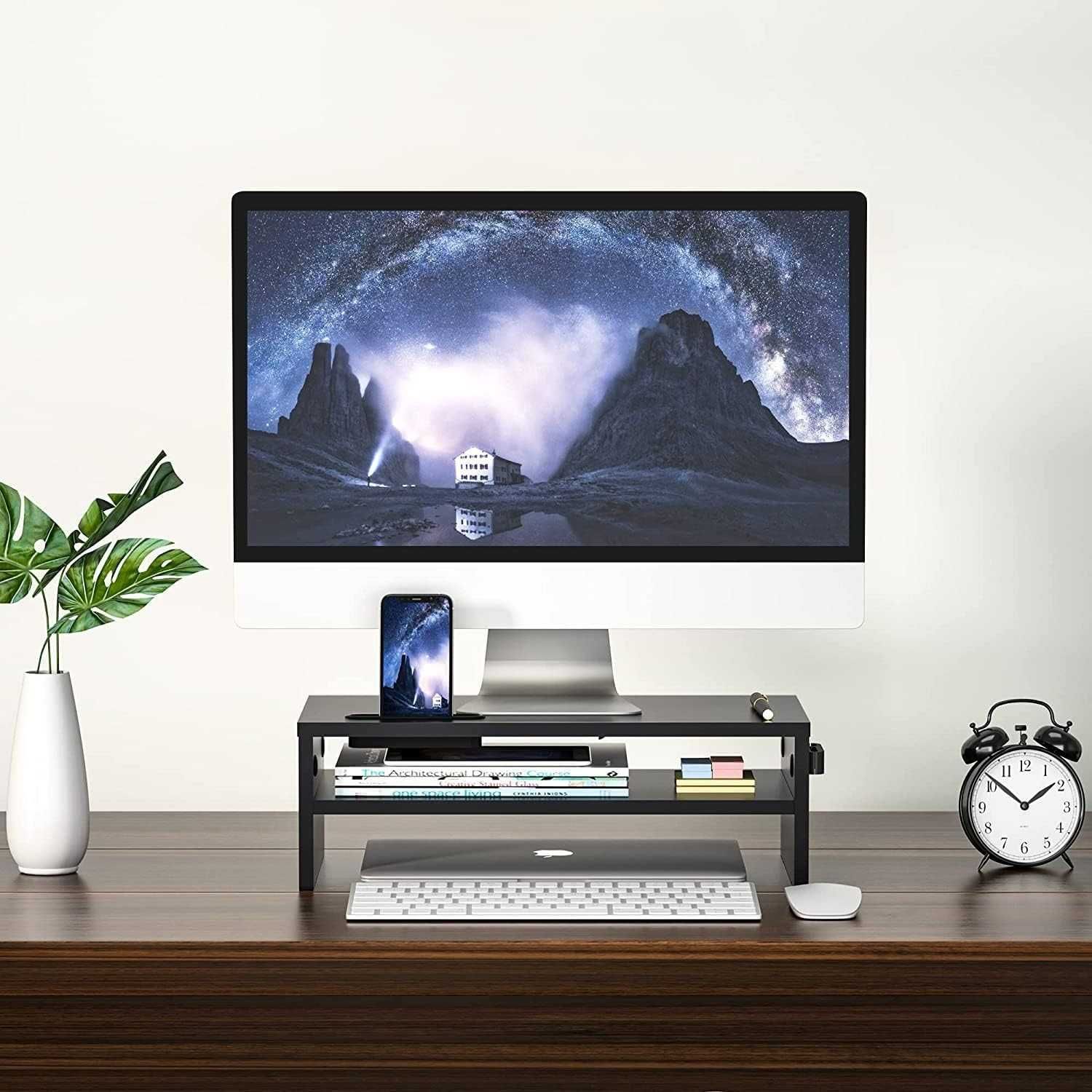 BONTEC 2-Warstwowy Stojak na Monitor Czarny MDF