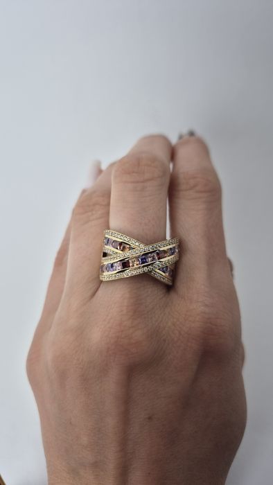 Nowy złoty pierścionek szeroki sygnet kolorowe cyrkonie okazały p. 585