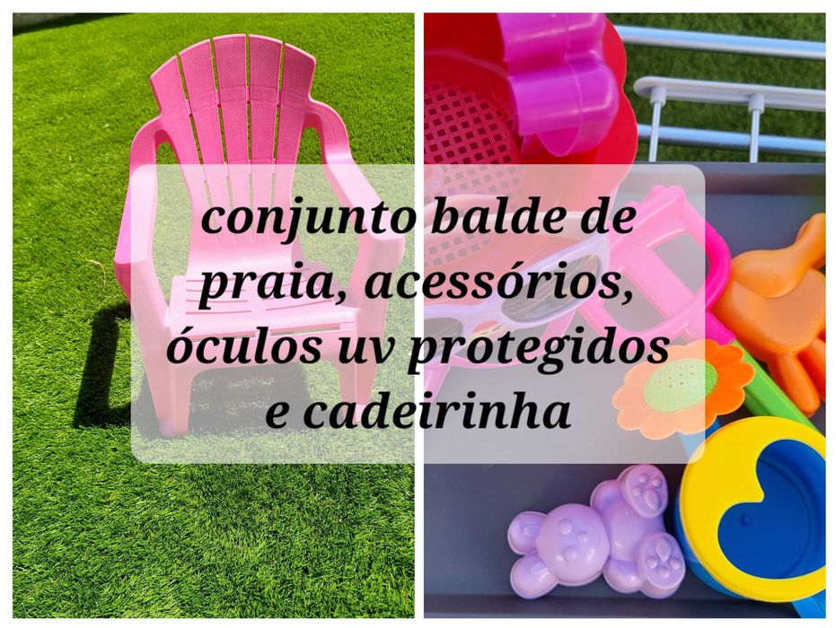 Balde de praia, óculos proteção UV, cadeira e acessórios: 14meses+