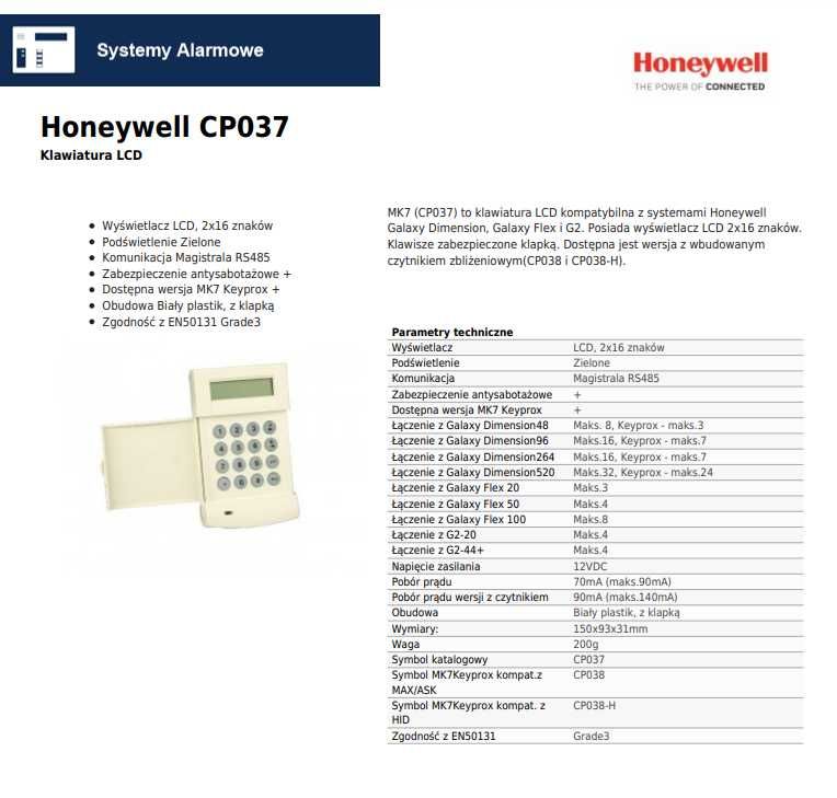 MK7 CP037 klawiatura LCD Alarm Kontrola Dos Honeywell Galaxy Dimension