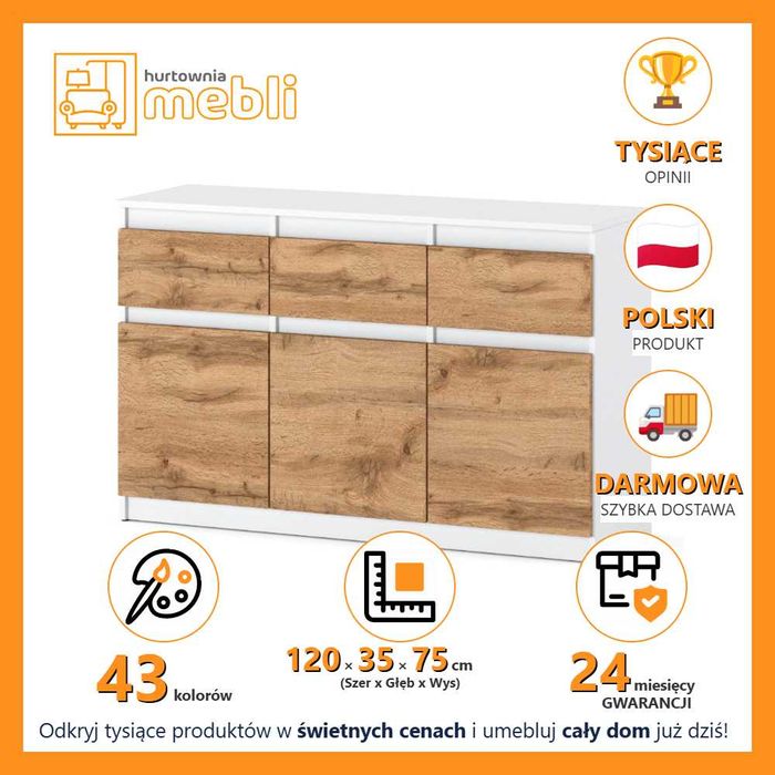 Komoda Nowoczesna Oleksa 120cm Szafka Młodzieżowa 3 Szuflady Do Salonu