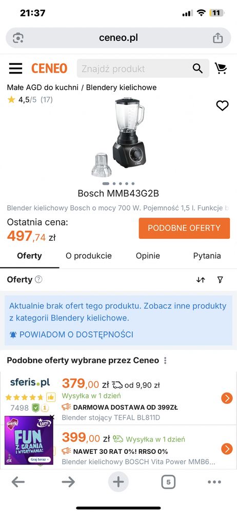 Blender kielichowy bosch silentmixx mix blender 700w mmb43g2b/01