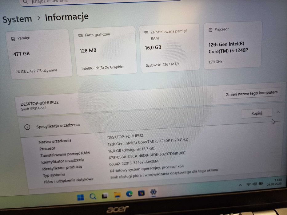 Acer Swift 3 SF314-512/ i5-1240P 1.70 GHz/ 16GB/ 512GB/ 14" FHD Grad A
