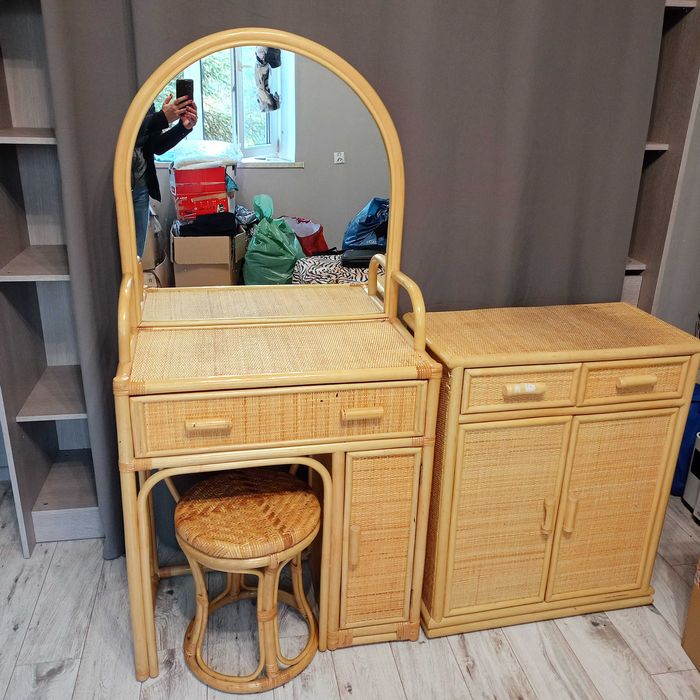 Zestaw rattanowy 3 częściowy toaletka komoda krzesełko