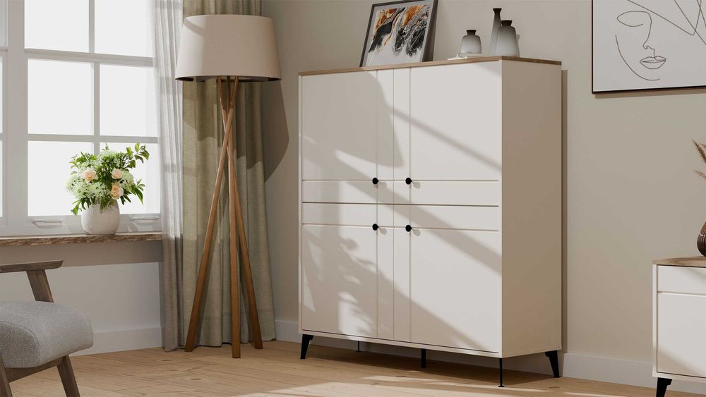 Komoda POINT 4D Kaszmir Beż Dąb Castello Szafka 4 Drzwi 8 Półek Salon