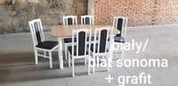 Nowe: Stół rozkładany + 6 krzeseł, bialy/blat sonoma + grafit, dostawa