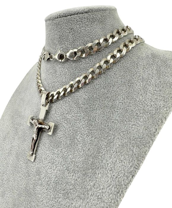 Masywny Srebrny Łańcuszek z Krzyżykiem Pancerka 49.76G 925 50CM