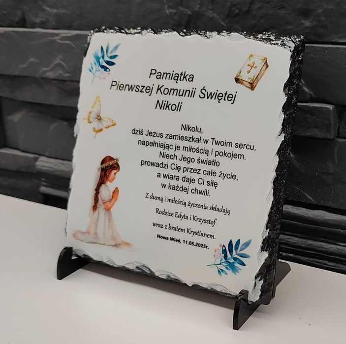 Ramka kamienna pamiątka Komunia Święta dow. tekst foto granit kamień