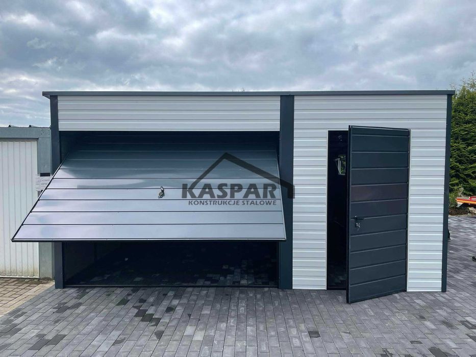 Garaż blaszany 5x6 Brama uchylna x2 + drzwix2 biały spad w tył  GP121