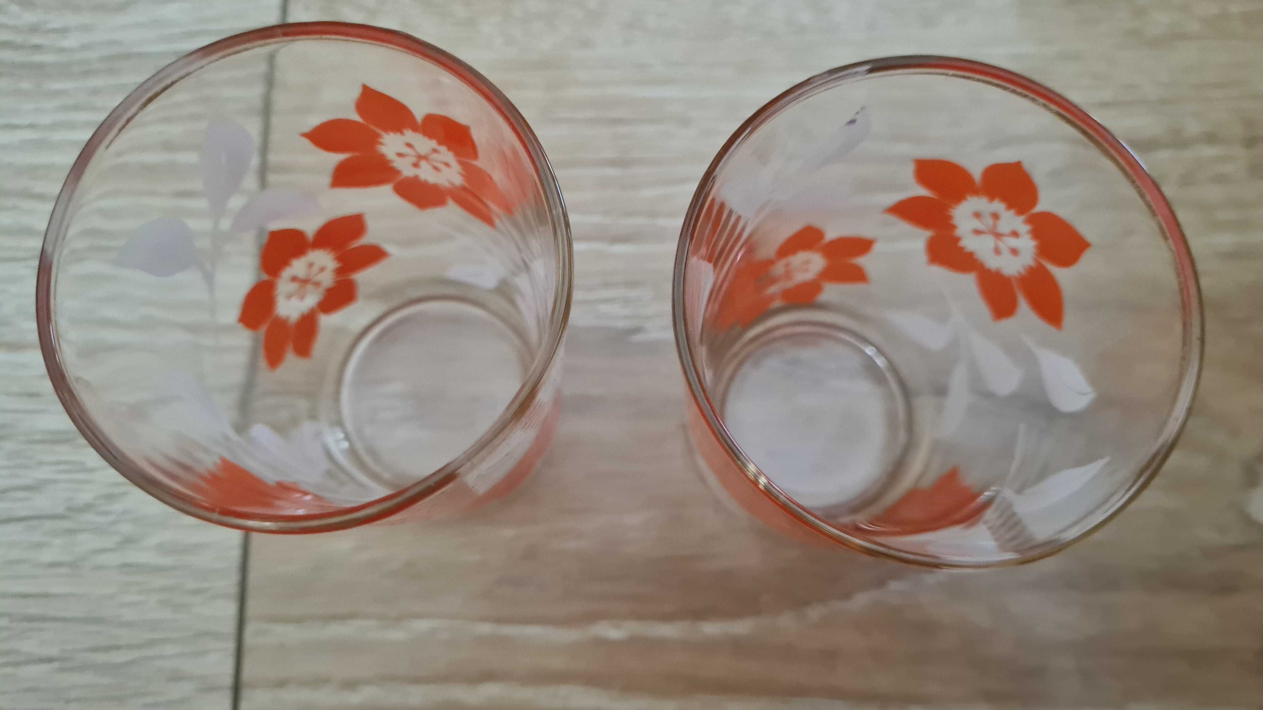 Szklanki malowane pomarańczowe kwiaty, PRL 2 szt.